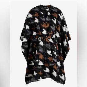 EXPRESS, M/L woolblend houndstooth cape/coat black, brown, gray w belt, pockets